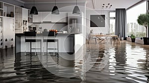 flooded kitchen floor due to water leakage. Neural network AI generated