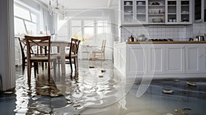 flooded kitchen floor due to water leakage. Neural network AI generated