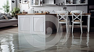 flooded kitchen floor due to water leakage. Neural network AI generated