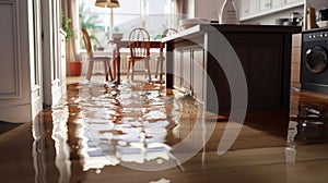 flooded kitchen floor due to water leakage. Neural network AI generated
