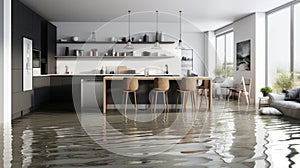 flooded kitchen floor due to water leakage. Neural network AI generated