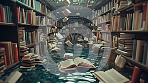 Flooded library with books floating in water