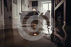 flooded living room house interior. Home insurance concept. Generative ai