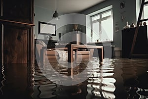 flooded living room house interior. Home insurance concept. Generative ai