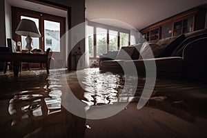 flooded living room house interior. Home insurance concept. Generative ai