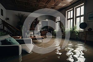 flooded living room house interior. Home insurance concept. Generative ai