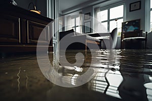flooded living room house interior. Home insurance concept. Generative ai photo