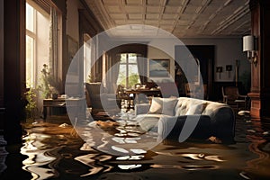 Flooded living room in residential house. Generative AI