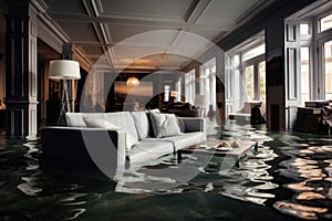 Flooded living room in residential house. Generative AI