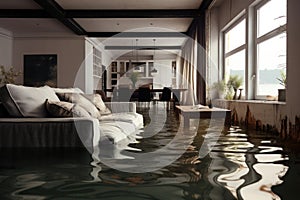 Flooded living room in residential house. Generative AI