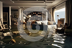 Flooded living room in residential house. Generative AI