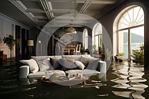 Flooded living room in residential house. Generative AI