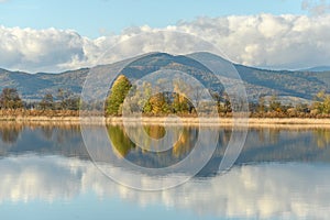 Flooded meadow after heavy rains. Autumn landscape