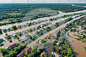 A flooded neighborhood with houses in the background, dam break