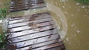 Flooded path in the park. wooden walkway in water. natural disaster