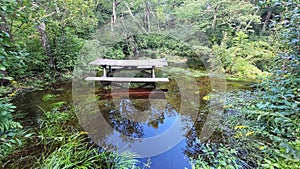 Flooded picnic area picnic table submerged in flood water after heavy rain