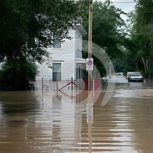 Flooded Residential Area white building partially obscured by muddy floodwaters, red fence photo