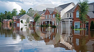 Flooded residential house with reflection in water