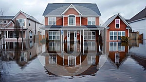 Flooded residential house with reflection in water