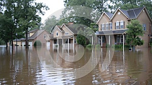 Flooded residential house with reflection in water