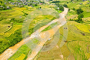 A flooded river in the middle of green and yellow rice fields at the foot of the green mountains, in Asia, in Vietnam, in Tonkin,