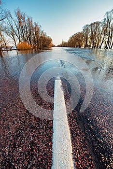 Flooded rural road in spring