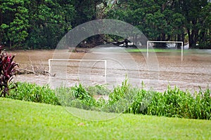 Flooded soccer field after heavy rain