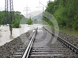 The Flooded Straight Railway Track with Timber Sleepers
