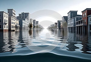 a flooded street with buildings and water