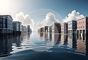 a flooded street with buildings in the water