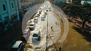 Flooded street with cars and people walking