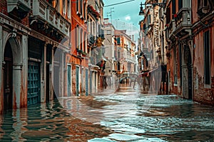 A flooded street in a European city, with water covering the roadway and impacting pedestrian and vehicular movement, Venice