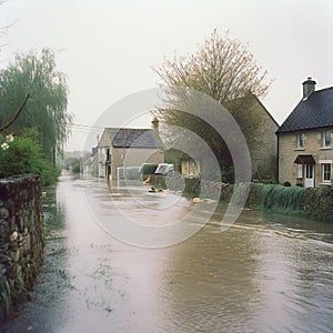 Flooded street with houses and trees standing in background. Water is covering road, visibly reaching up sides of the houses