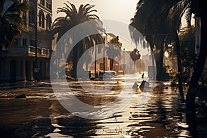 a flooded street of a tropical town with a stream of water in which garbage and tree branches