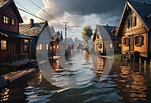 Flooded street in village. Generative AI