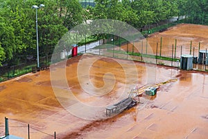 Flooded tennis fields during a very heavy rain