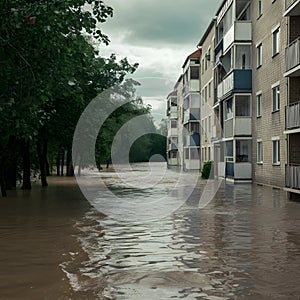 Flooded Urban Area water rises to base of multi story buildings under overcast sky photo