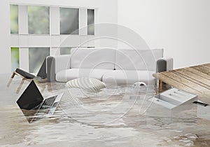 flooded water damage due to flooding in the house 3d-illustration photo