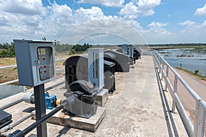 Floodgate closeup with blue sky.