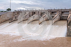 Floodgate of the dam that is open to drain,Location Pa Sak Jolasid Dam, Lop Buri, Thailand