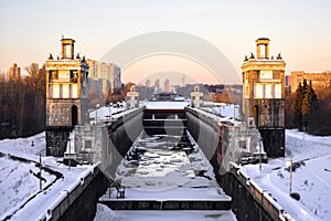 Floodgates on Moscow Canal at Moskva River in winter, Moscow, Russia