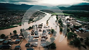 Flooding causes devastation, Aerial view of small city after a storm. Generative AI