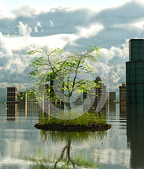 Flooding cityscape with the Last tree on earth