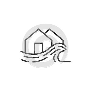 Flooding house line icon. linear style sign for mobile concept and web design. Flood disaster outline vector icon. Symbol, logo