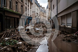 Flooding Parisian street ruins. Generate ai