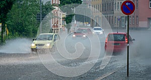 Flooding of the road in heavy rain