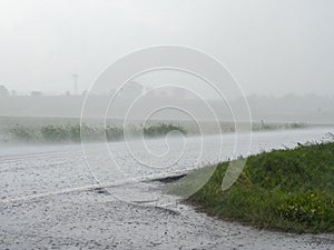 Flooding of the road in heavy rain