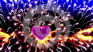 Flooding upward white rays of light fireworks surrounding a pink heart on a dark background. Heart as a symbol of affection and