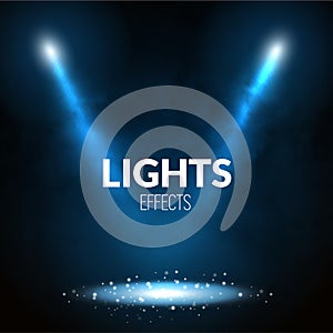 Floodlights spotlights illuminates scene with glowing particles. Show theater, dance, presentation illustration