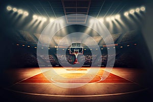 Floodlit basketball court in large stadium with many fans, generative ai